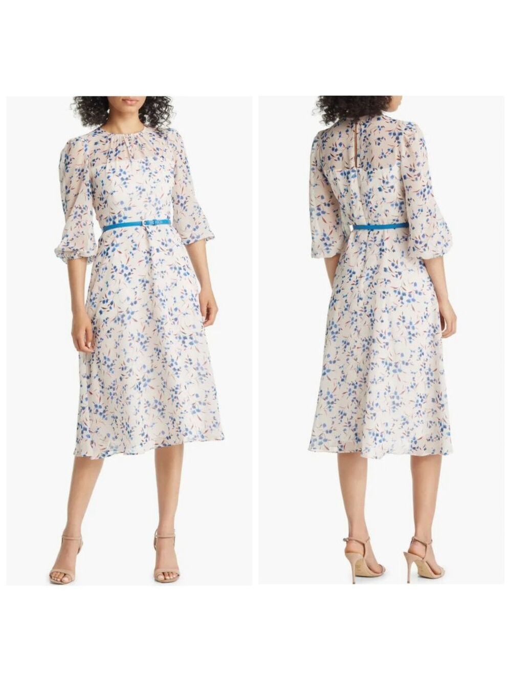 Harper Rose Womens Floral Midi Dress Size 12 Pink Blue Belt Puff Sleeve NWOT